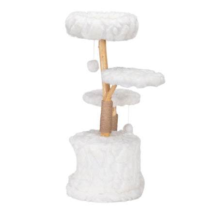 Wefulfil white plush natural cat tree with multiple platforms and hanging toys for cats
