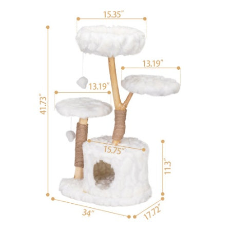 Wefulfil White Plush Natural Cat Tree with multiple platforms and cozy hideout for cats