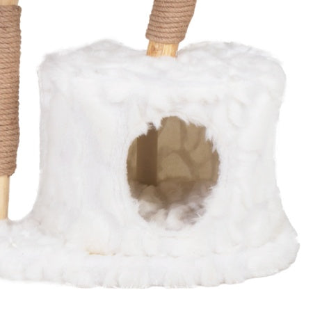 White Plush Natural Cat Tree cozy cubed hideout with soft fur and natural rope scratching posts