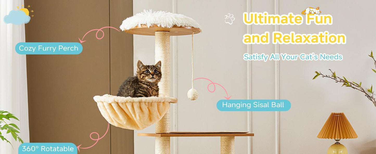 Wefulfil Cat Tree And Tower with cozy furry perch and hanging sisal ball for cat fun and relaxation