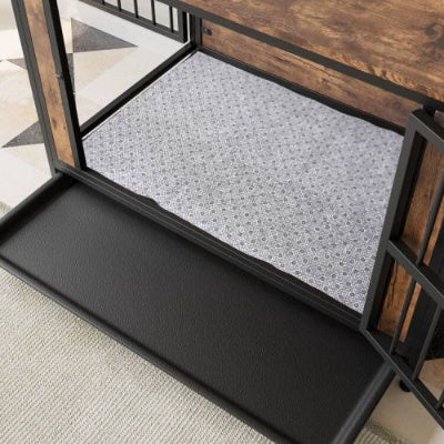 Wefulfil Wooden Dog Crate with durable black tray and patterned gray mat inside