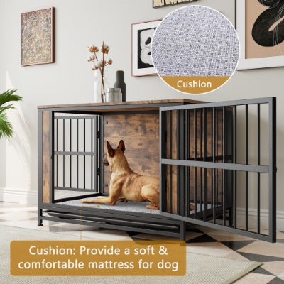 Wefulfil Wooden Dog Crate with black metal bars and soft cushion mattress for pet comfort