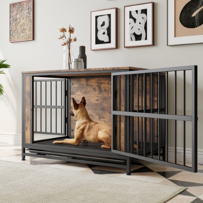 Wefulfil wooden dog crate with metal bars featuring a brown dog inside in a modern living room
