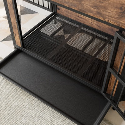 Wefulfil Wooden Dog Crate with black metal mesh base and slide-out tray on carpeted floor