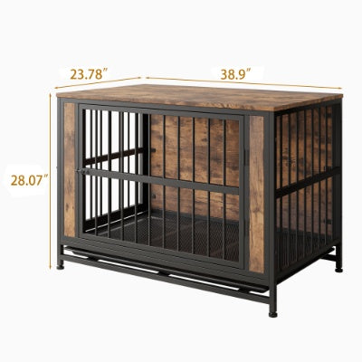 Wefulfil wooden dog crate with metal bars and rustic brown finish measuring 38.9 by 23.78 by 28.07 inches