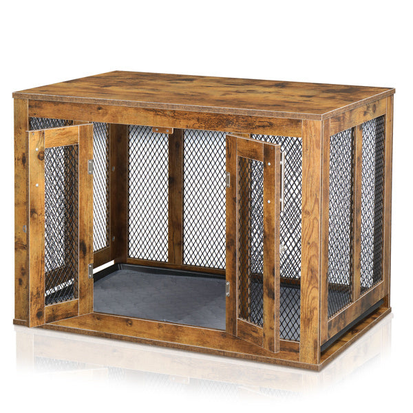 Wefulfil wooden indoor dog crate furniture with metal mesh sides and double doors for pets