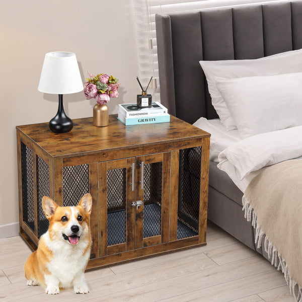 Wefulfil wooden indoor dog crate furniture with metal mesh doors placed next to a bed and a happy corgi