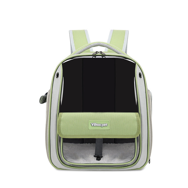 Dropshipman large cat carrier backpack in green with clear front window plush interior and mesh ventilation