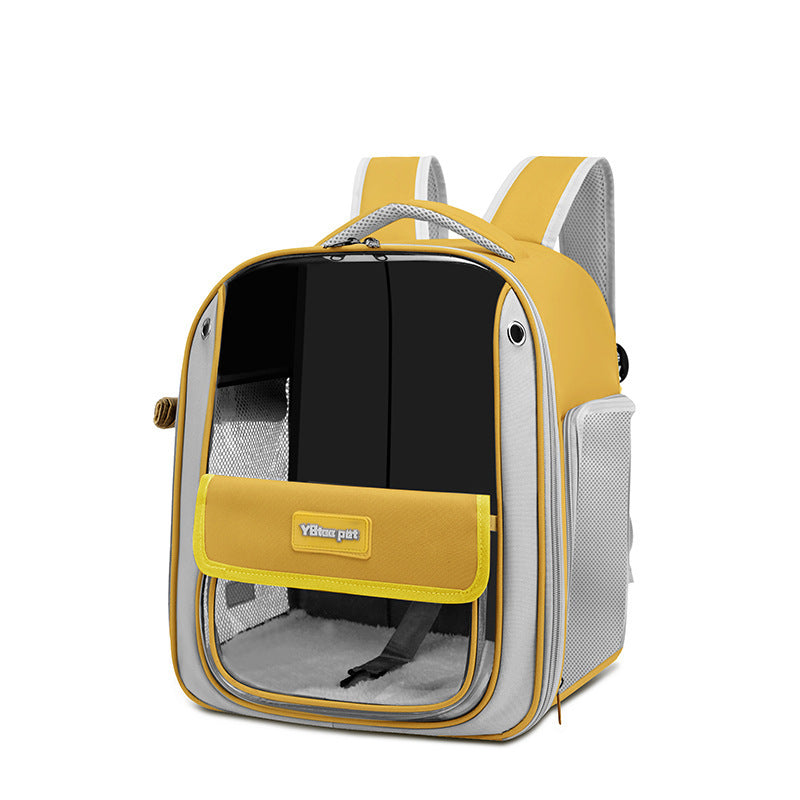 Dropshipman large cat carrier backpack in yellow gray with clear front window mesh sides padded straps and plush interior