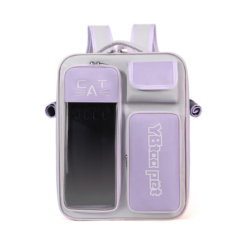 Lavender square pet travel bag with clear window and multiple pockets cat backpack carrier for small cats
