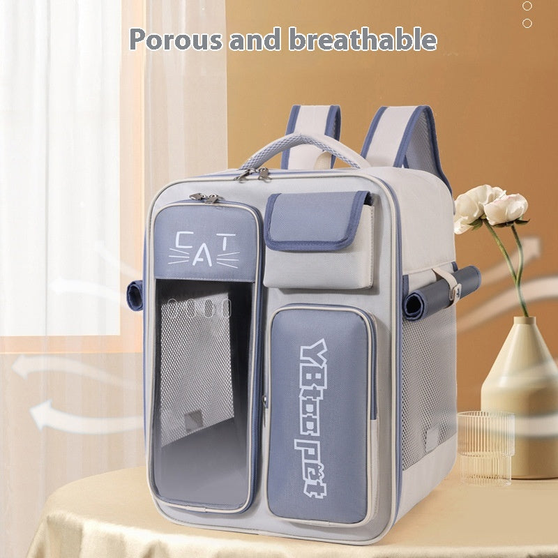 Dropshipman breathable blue and white cat backpack carrier with clear mesh front window multiple pockets padded straps