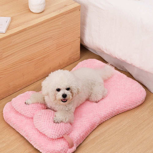 Soft Plush Calming Cushion Pet Bed Mat with Pillow - Fits Dogs Cats