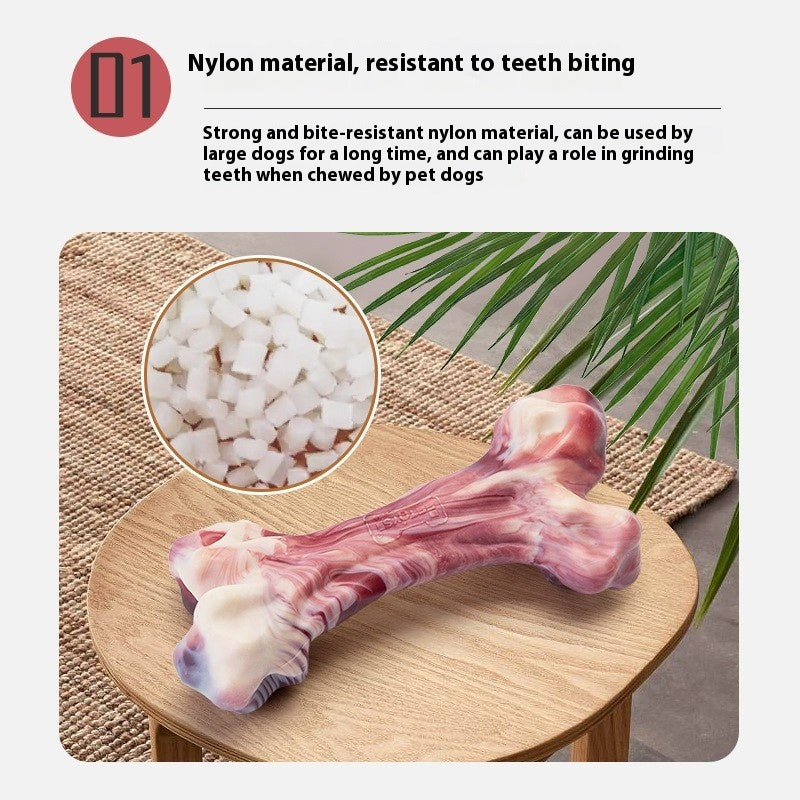 Marbled nylon chew bone toy on wooden table with inset showing nylon pellets and durability Pet Treats collection