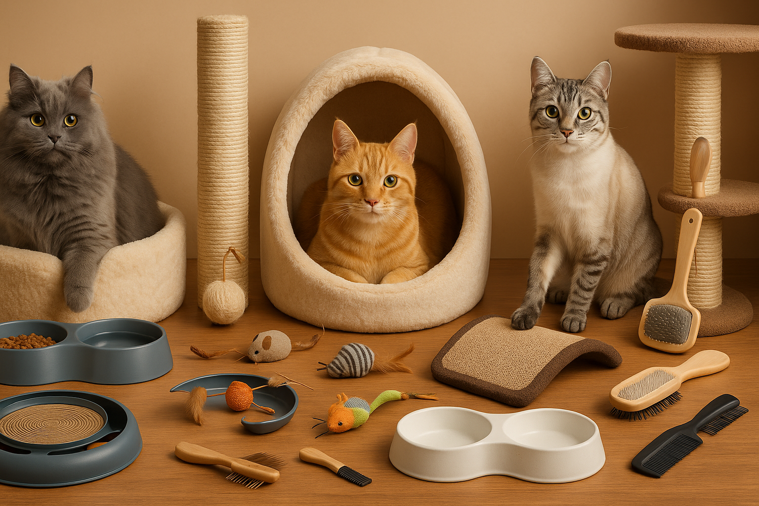 Cat toys and accessories collection featuring interactive toys, cozy beds, and premium feline products
