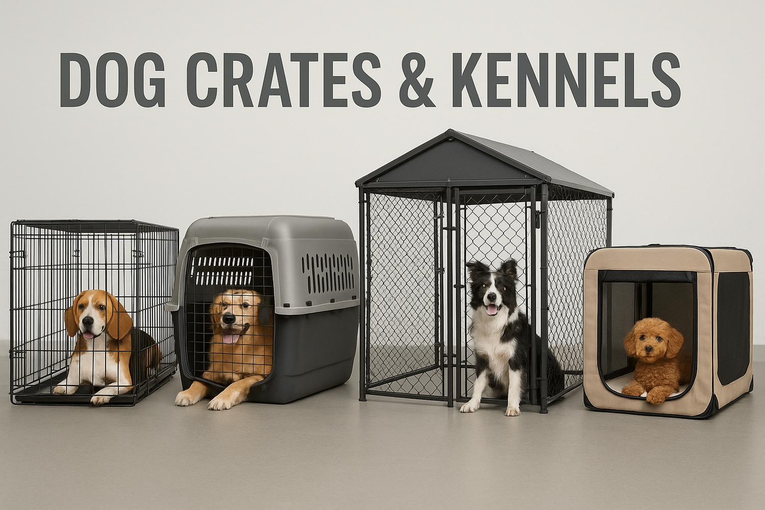 Dog Crates and Kennels display showing wire training crate plastic travel kennel outdoor kennel and soft sided crate with dogs