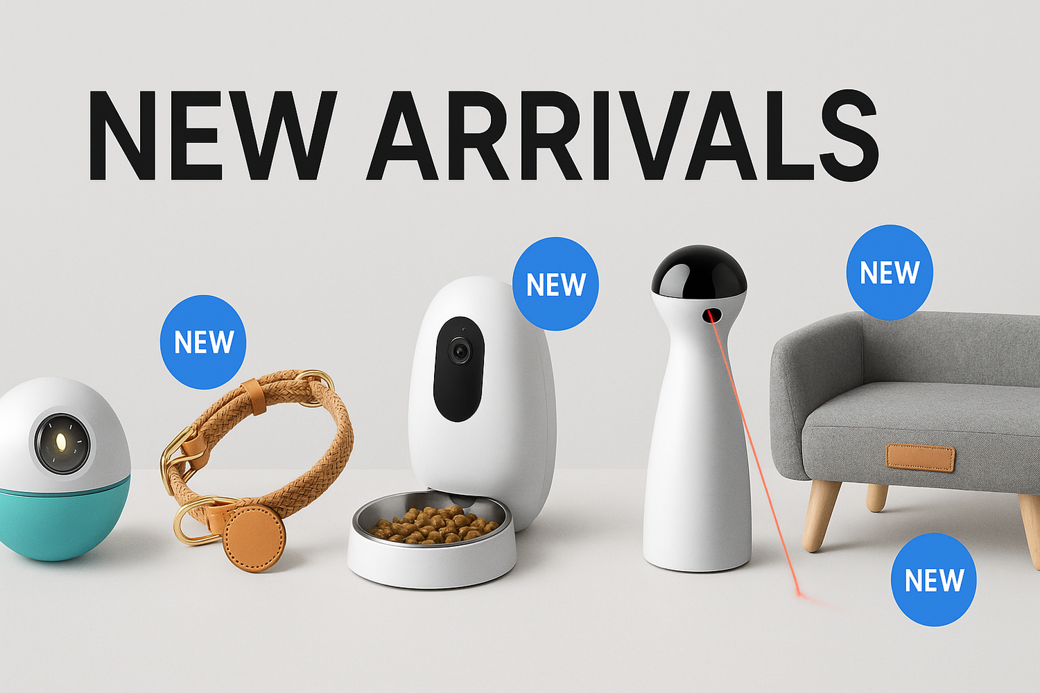 New Arrivals pet collection featuring smart feeder camera laser toy collar and modern pet sofa bed
