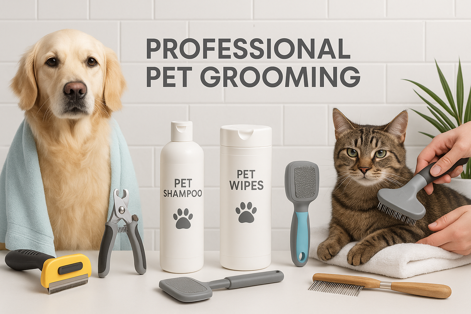 Pet Grooming & Care collection featuring dog and cat with shampoo, wipes, brushes, nail clippers and combs