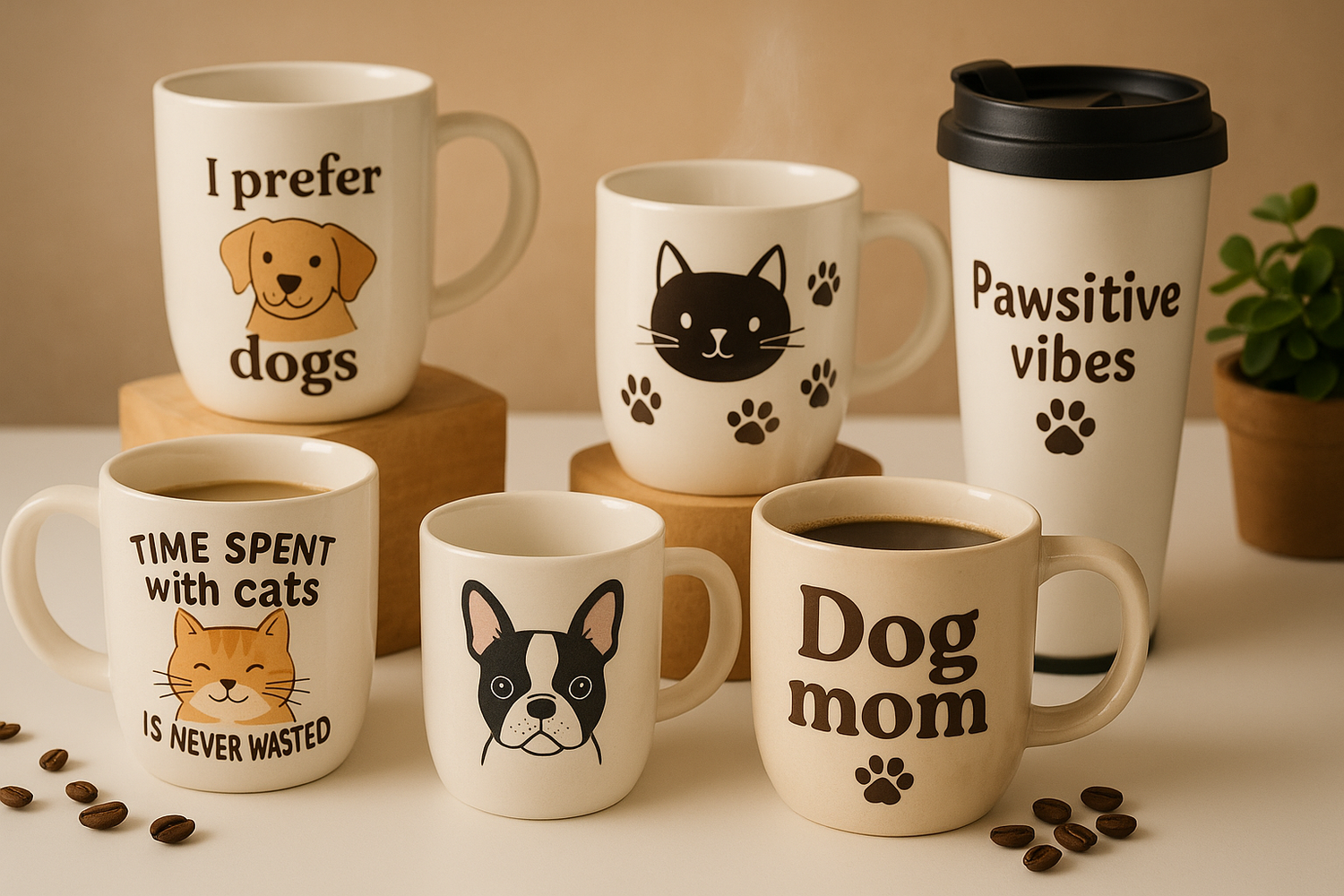 Pet-Themed Coffee Mugs and Drinkware showing assorted cat and dog mugs and a travel cup with paw print designs