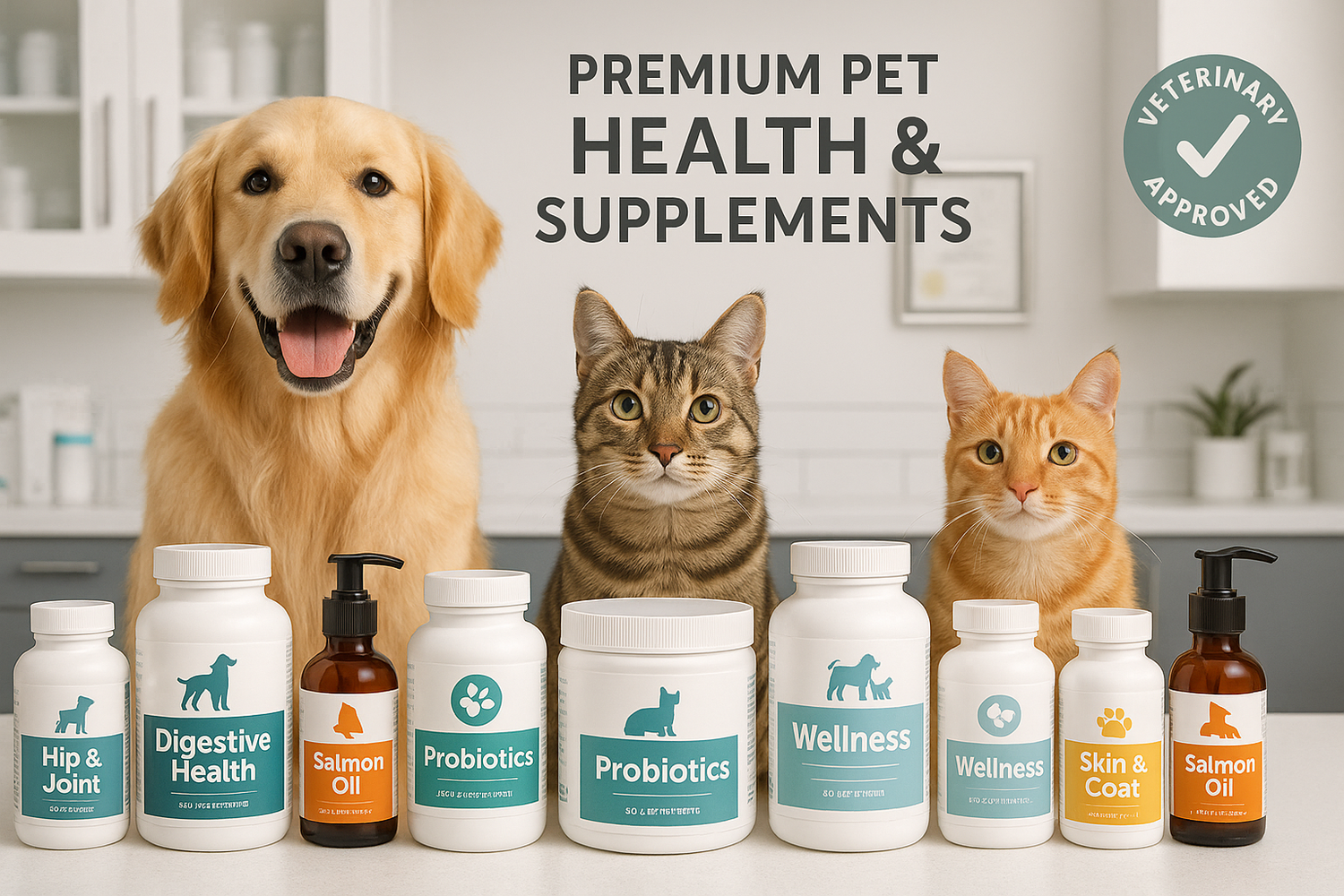 Pet Health and Supplements collection showing a golden retriever and two cats with labeled supplement bottles on a counter