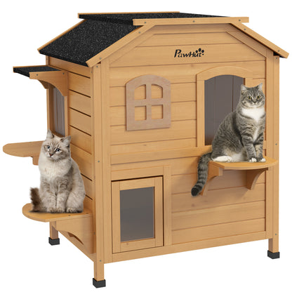 2-Story Wooden Outdoor Cat House - Feral Shelter with Escape Door