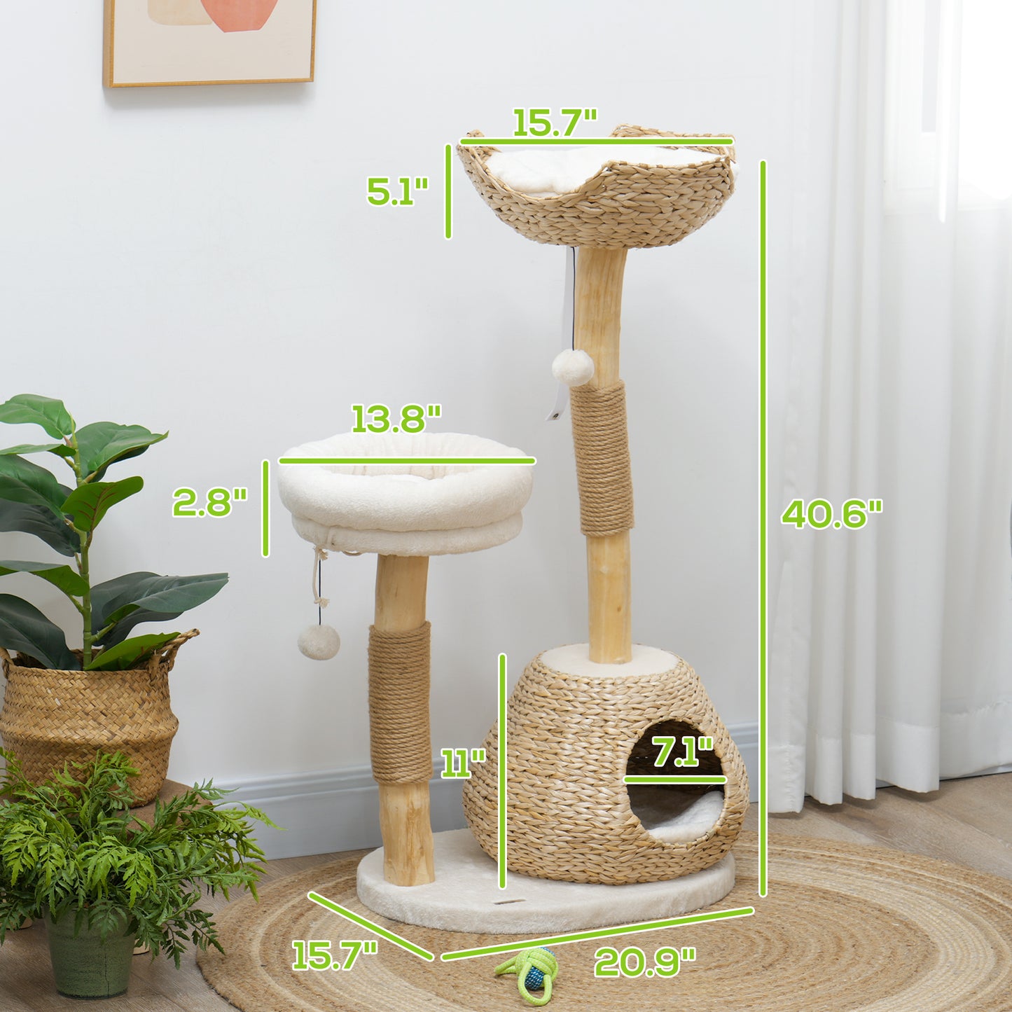 Cat Tree 41" Natural Wood - Jute Posts Condo Beds Toy Balls