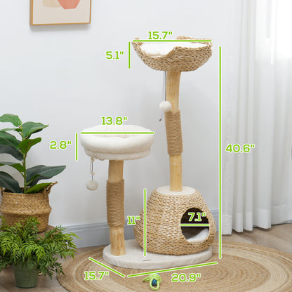 Cat Tree 41" Natural Wood - Jute Posts Condo Beds Toy Balls