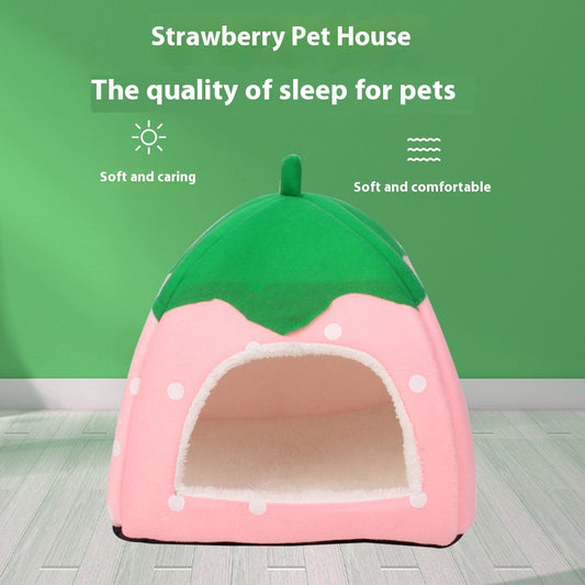 Plush Strawberry Pet Cat Nest - Cozy Cave