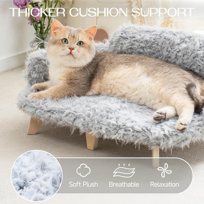 Cat lying on a fluffy pet bed with 'Thicker Cushion Support' text above.