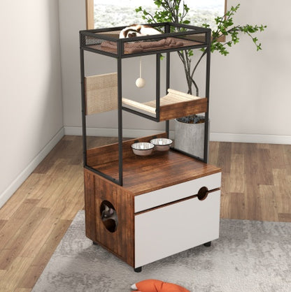 Front Access Cat Litter Box Enclosure with Cat Tree Tower