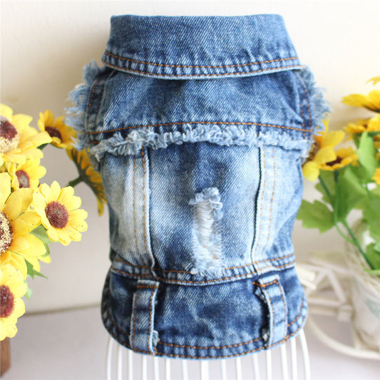 Ripped Fringe Denim Jacket - Full Size Pet Clothes