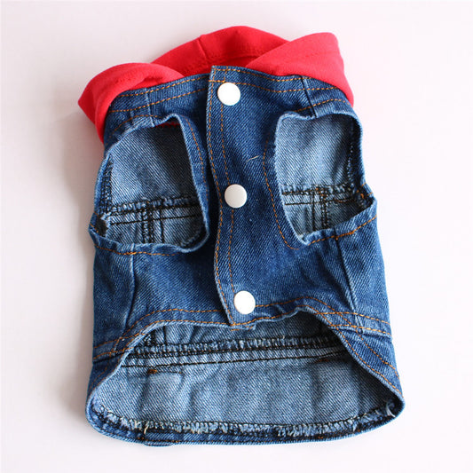 Denim dog coat with red lining on a white background