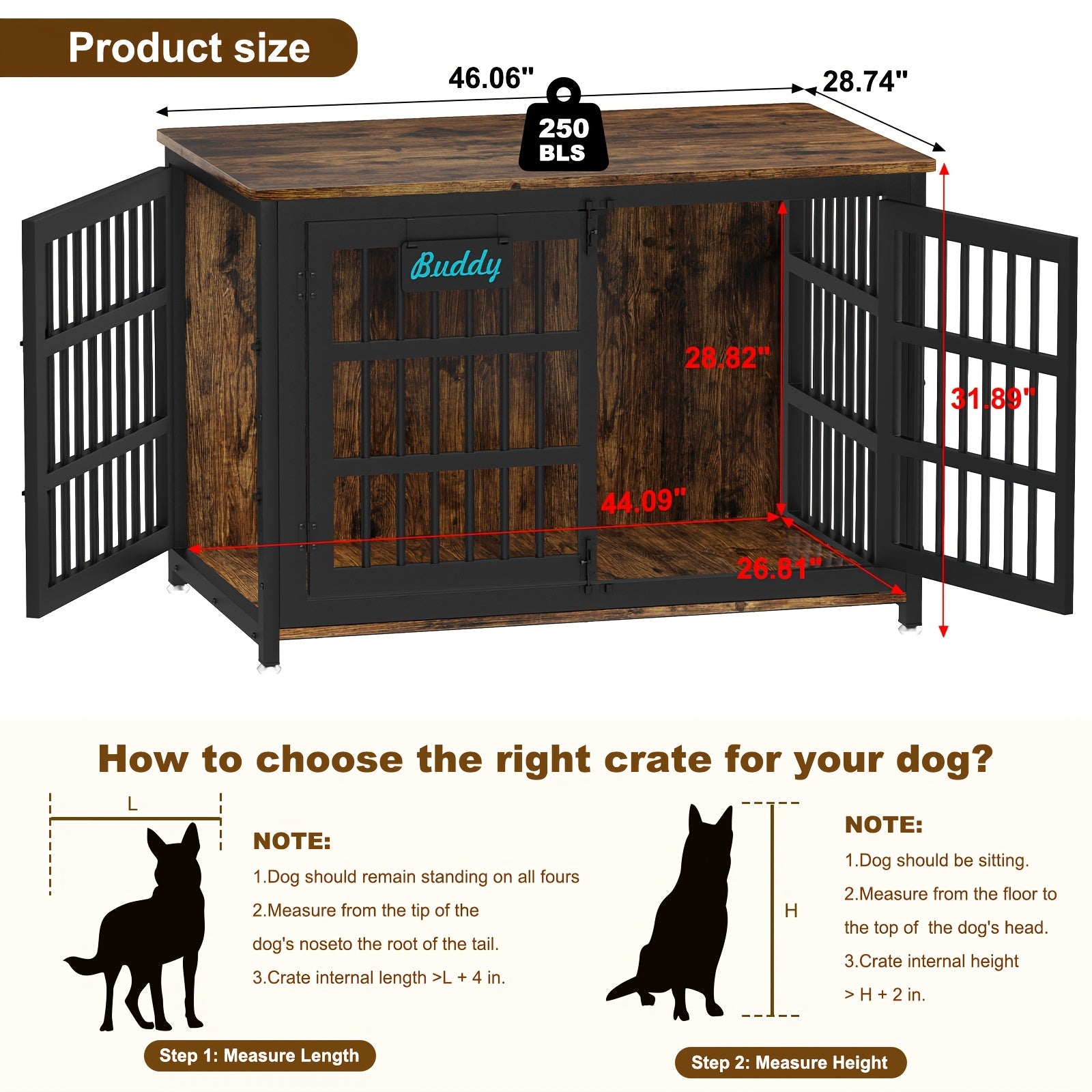 Heavy Duty Dog Crate Furniture for Large Dogs - Double Door Escape-Proof Kennel