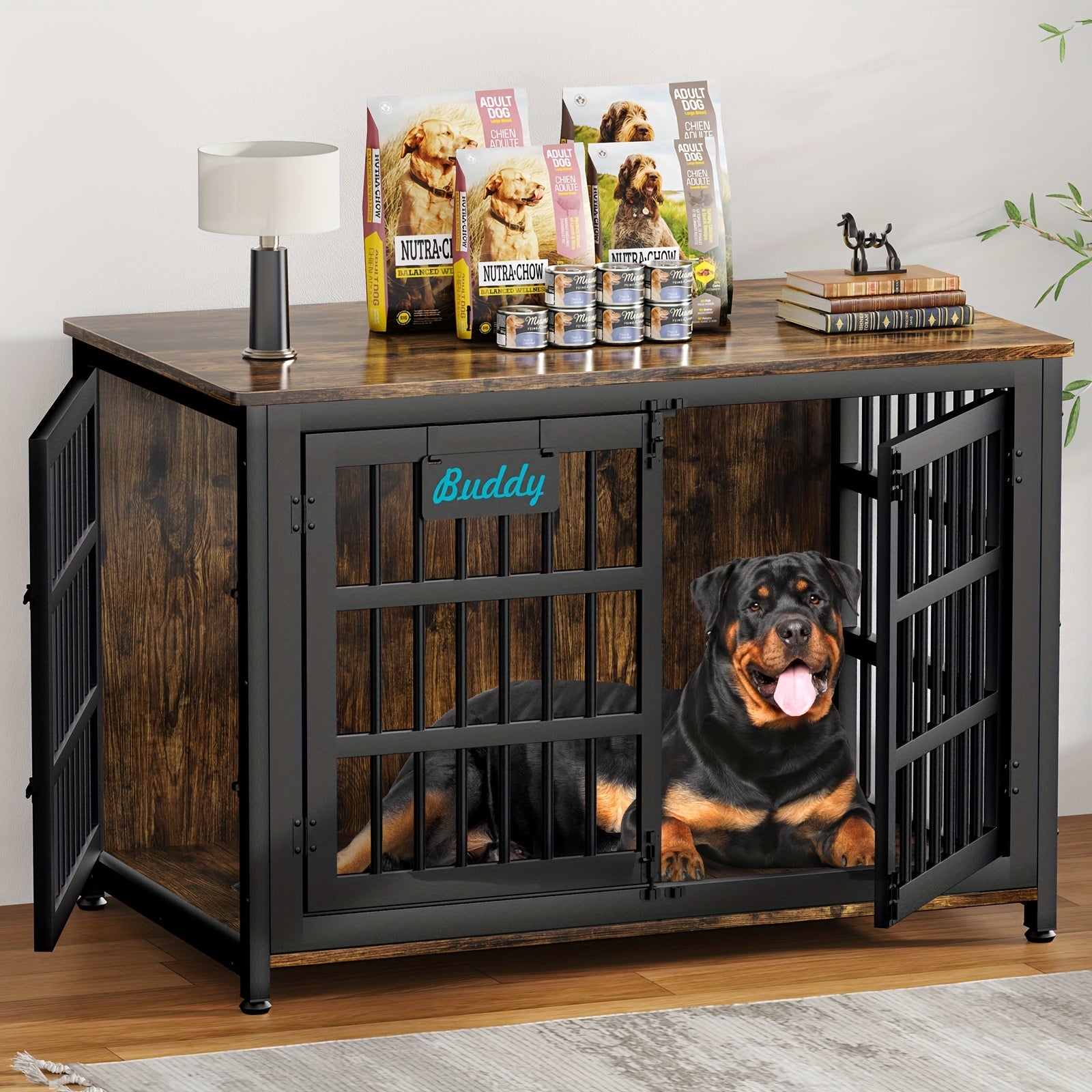 Heavy Duty Dog Crate Furniture for Large Dogs - Double Door Escape-Proof Kennel - 0