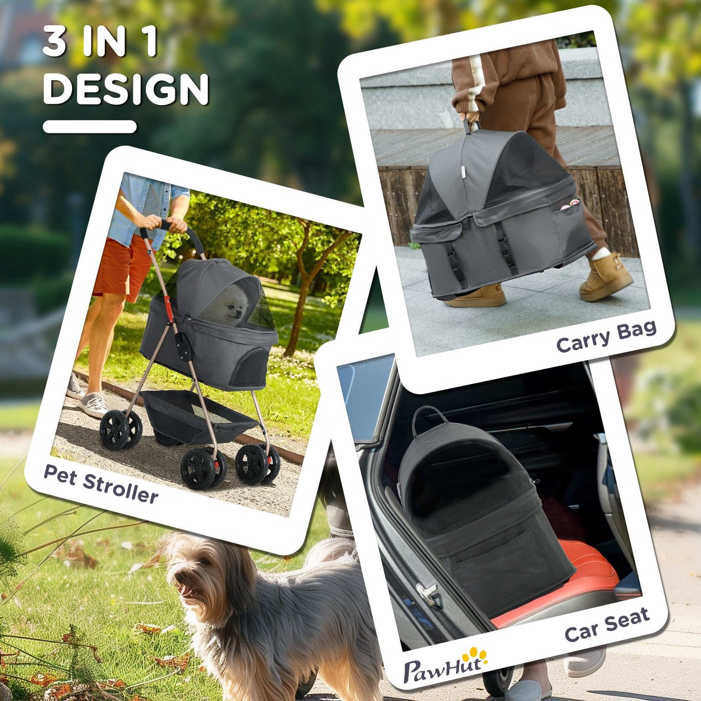 PawHut pet stroller with car seat and carry bag, shown in use with a dog outdoors.