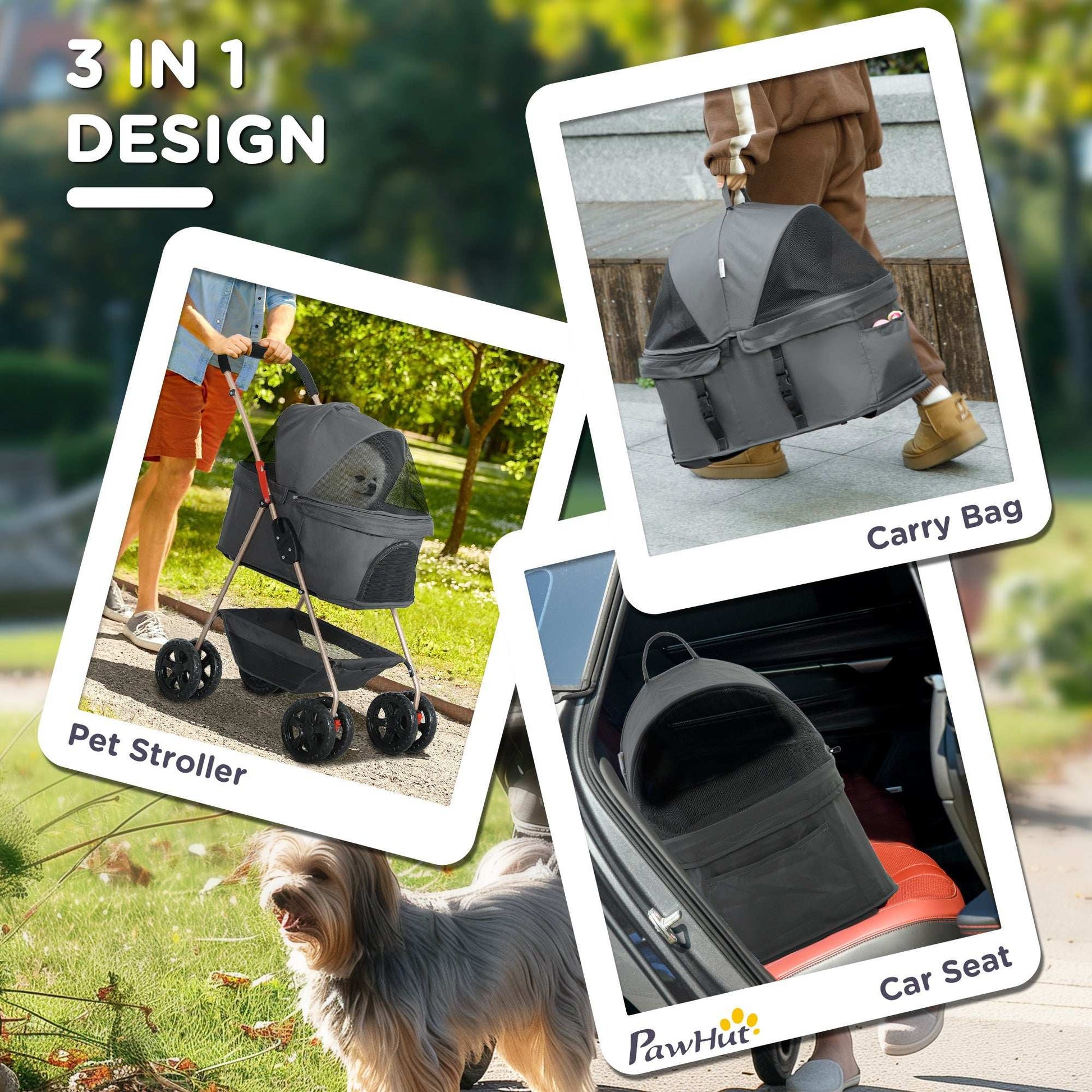PawHut pet stroller with car seat and carry bag, shown in use with a dog outdoors.