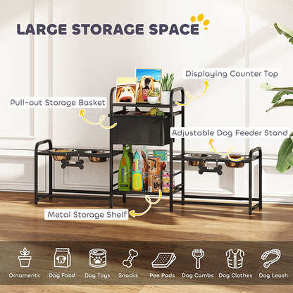 Dog Bowl Stand Dual Station - 4 Bowls 3 Heights Storage Bin