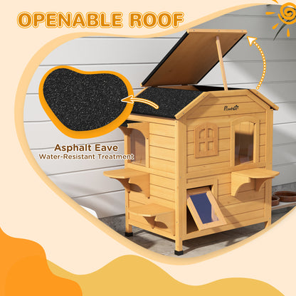 2-Story Wooden Outdoor Cat House - Feral Shelter with Escape Door