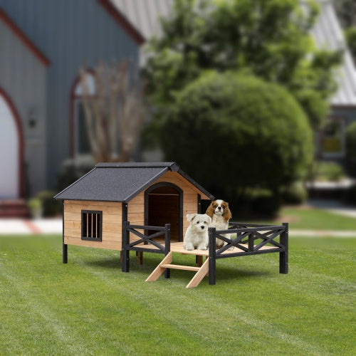 Large Wooden Dog House - Outdoor Cabin with Porch