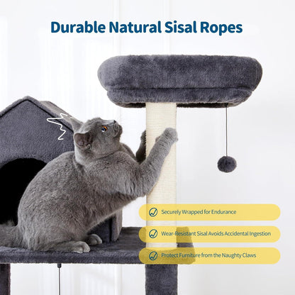 60 Inch Multi-Level Cat Tree For Indoor Cats With Plush Hammock