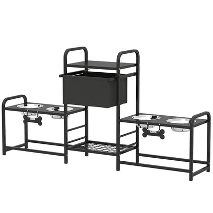 Dog Bowl Stand Dual Station - 4 Bowls 3 Heights Storage Bin