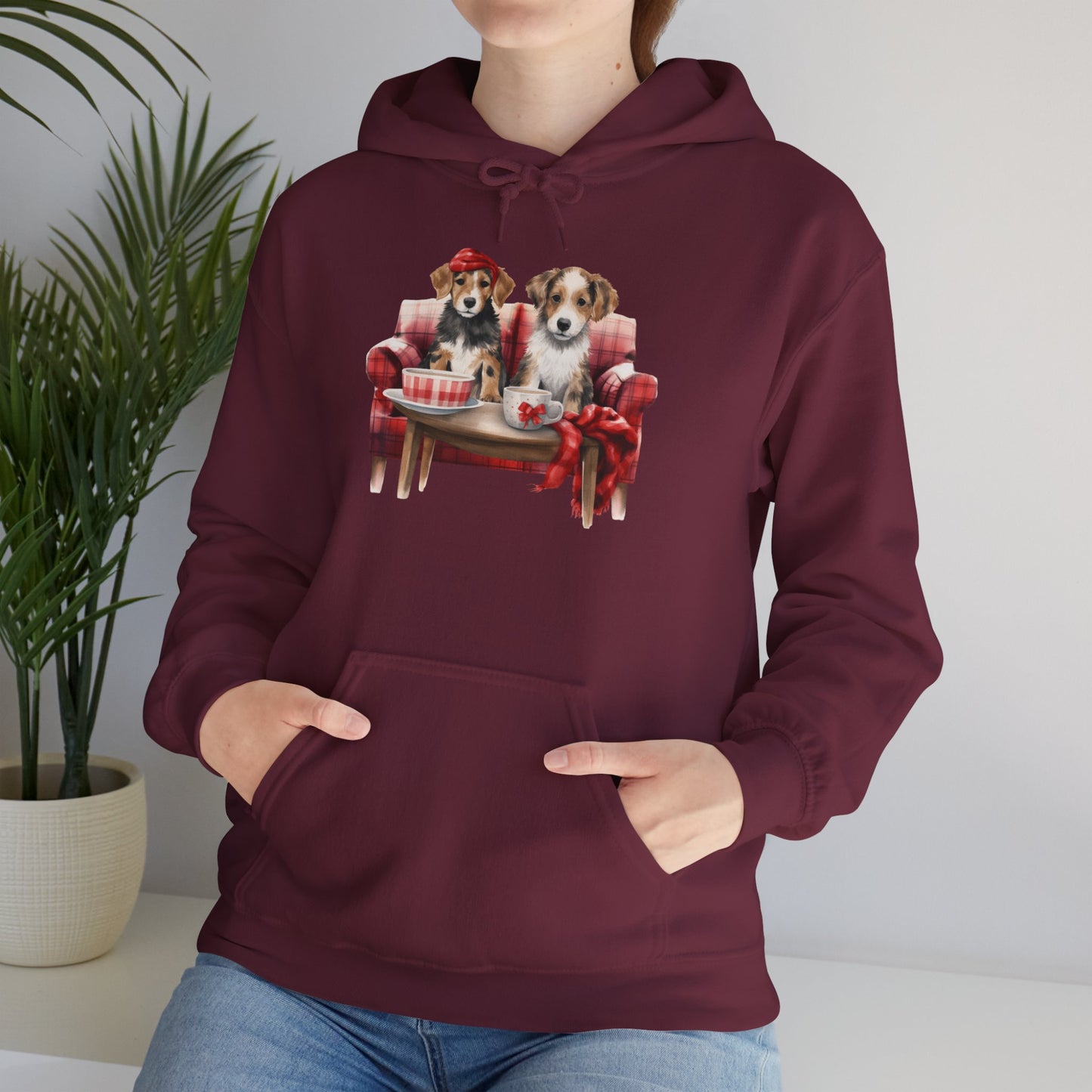 Christmas Puppies Hoodie - Festive Dogs on Sofa Holiday Sweatshirt