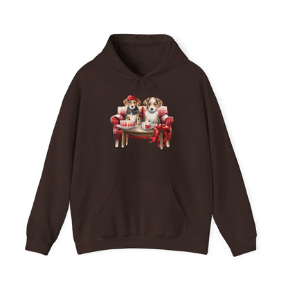 Christmas Puppies Hoodie - Festive Dogs on Sofa Holiday Sweatshirt