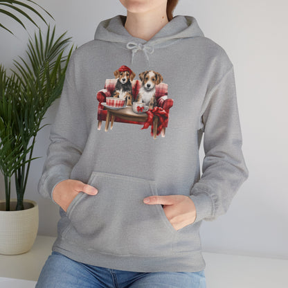 Christmas Puppies Hoodie - Festive Dogs on Sofa Holiday Sweatshirt
