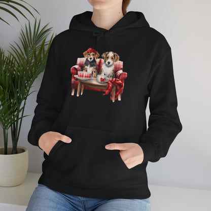 Christmas Puppies Hoodie - Festive Dogs on Sofa Holiday Sweatshirt