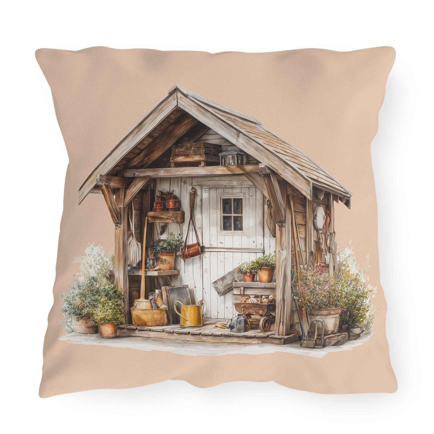 Sunflower Cottage Outdoor Pillow — Rustic Garden Shed & Sunflower Throw Cushion for Patio