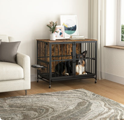 Multifunctional Furniture Crate Dog Cage with Removable Trays and Feeding Station