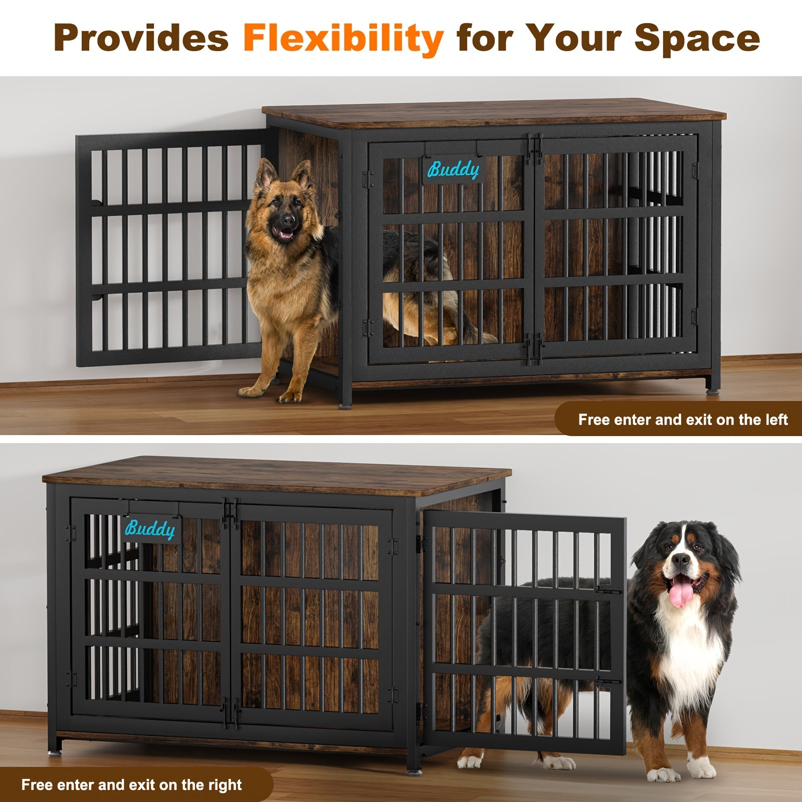 Heavy Duty Dog Crate Furniture for Large Dogs - Double Door Escape-Proof Kennel