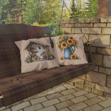 Sunflower Cottage Outdoor Pillow — Rustic Garden Shed & Sunflower Throw Cushion for Patio