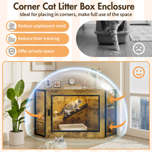Corner Cat Litter Box Enclosure - Modern Hidden with Door and LED Light