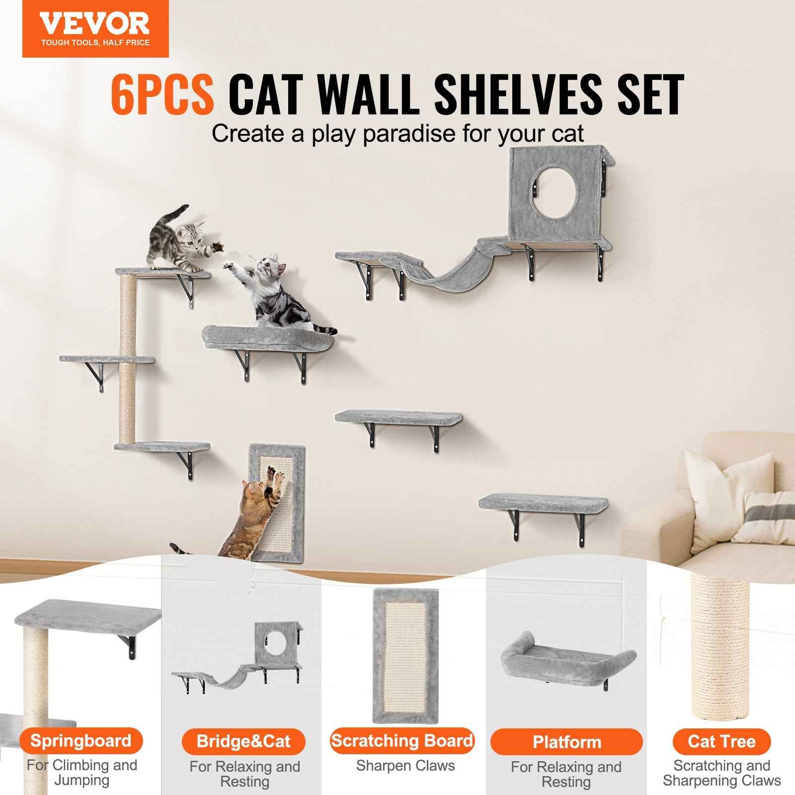 Wall Mounted Cat Shelves Tree With Jump Boards Hammock Sofa Grip Set Of 6